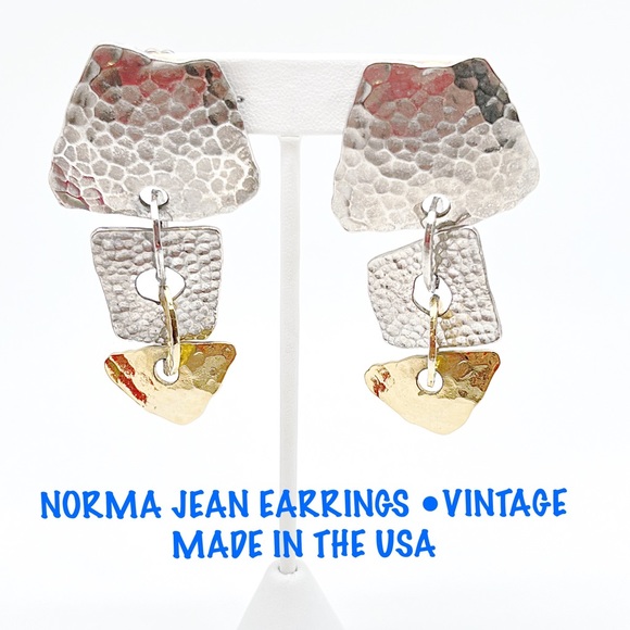 Vintage Norma Jean Clip On Two Tone Dangle Earrings, Hammered, EUC, Made in USA - Picture 1 of 5